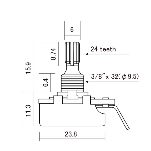 CTS - Precision Audio Taper Pot - Short Split-Shaft - 500K - Dimension