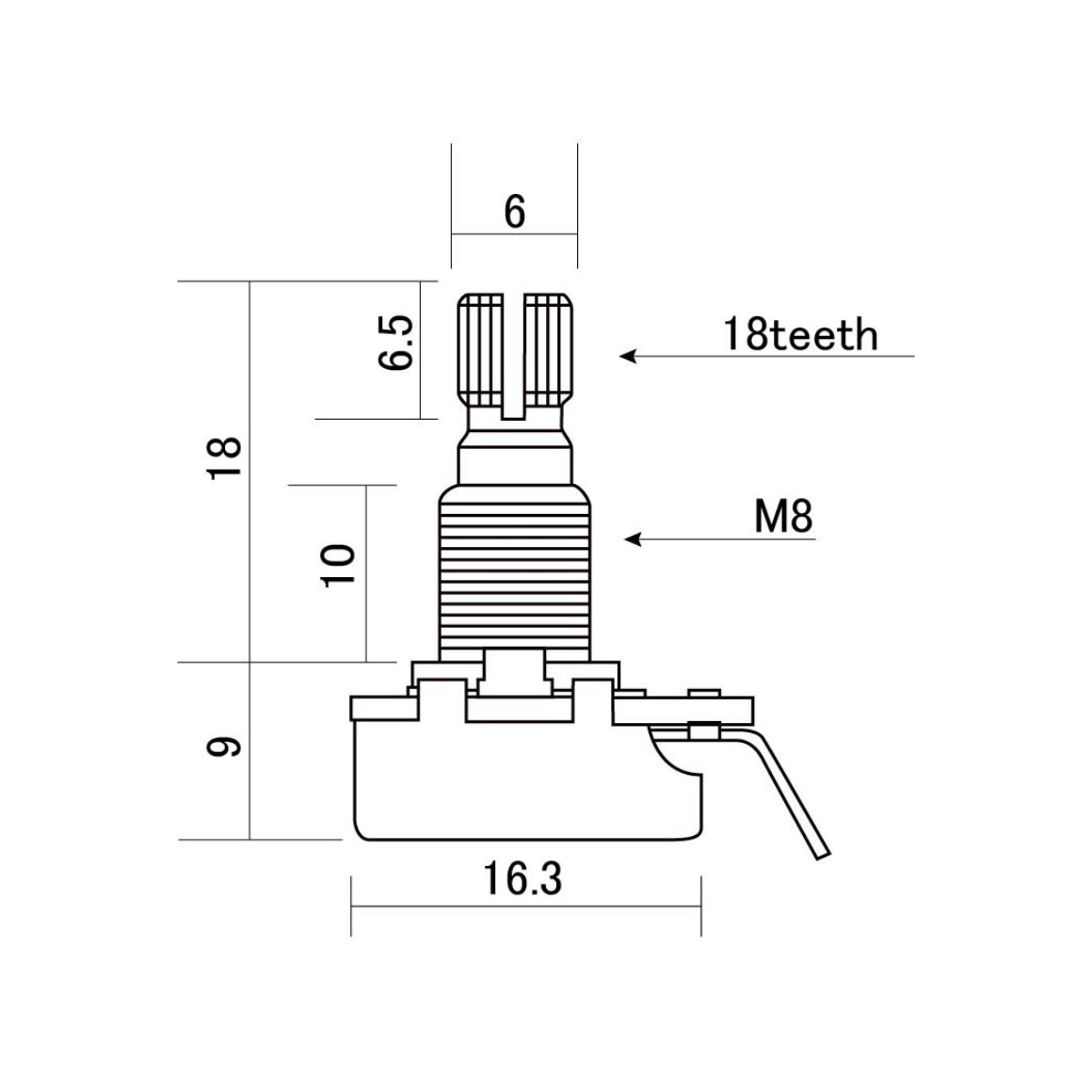 Alpha - Mini 500K Audio Taper Pot - 16mm - Split-Shaft - Dimension