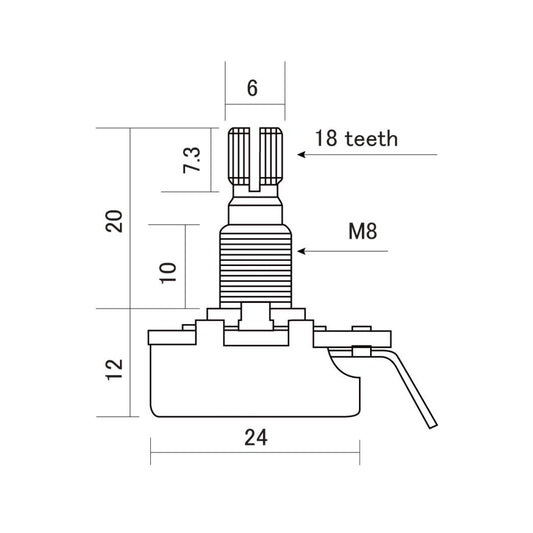 Alpha - 500K Audio Taper Pot - 24mm - Split-Shaft - Dimension