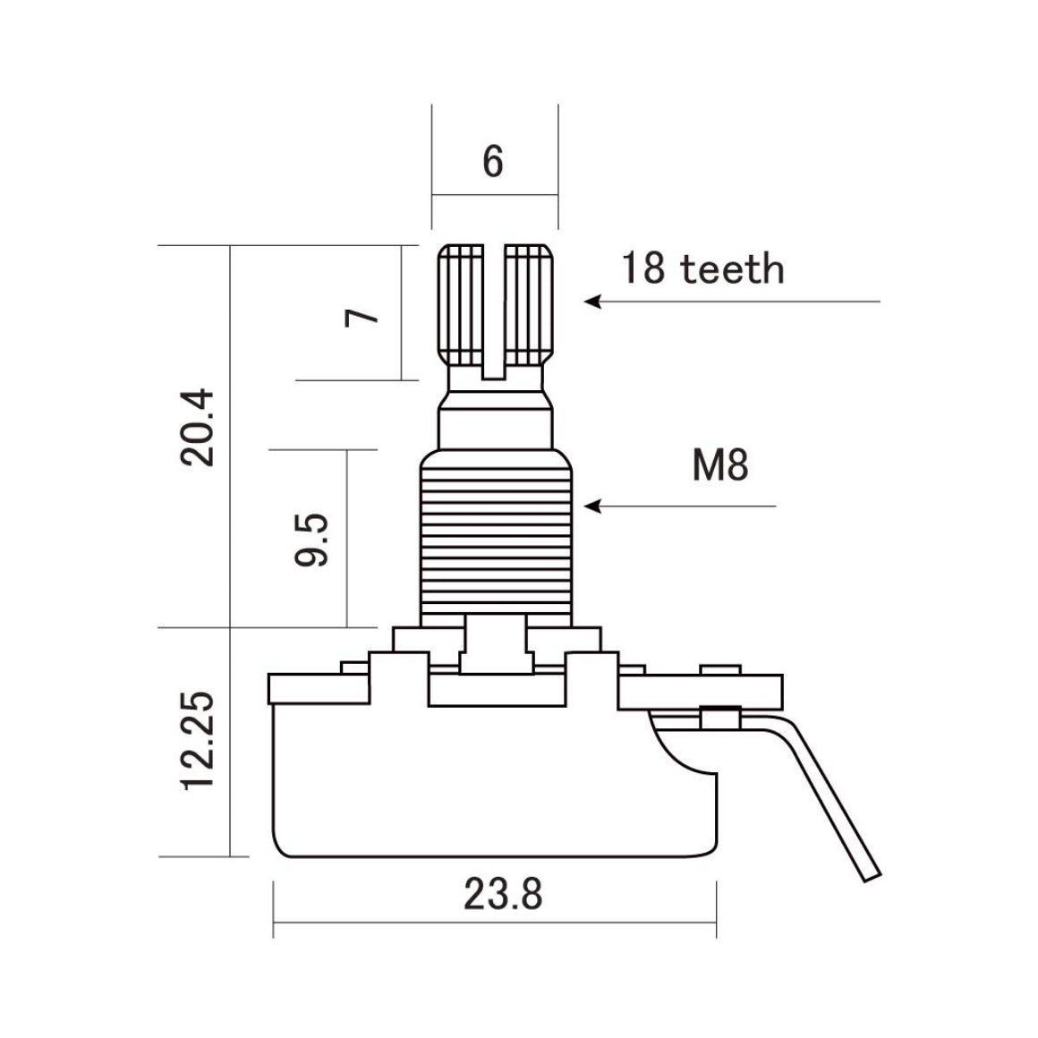 CTS - 500K Linear Taper Pot Metric Size Split Shaft - Dimension
