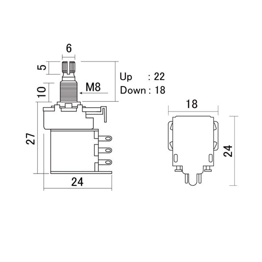 Hosco - 500K Audio Taper Pot Push Pull Metric Size Split Shaft - Dimension