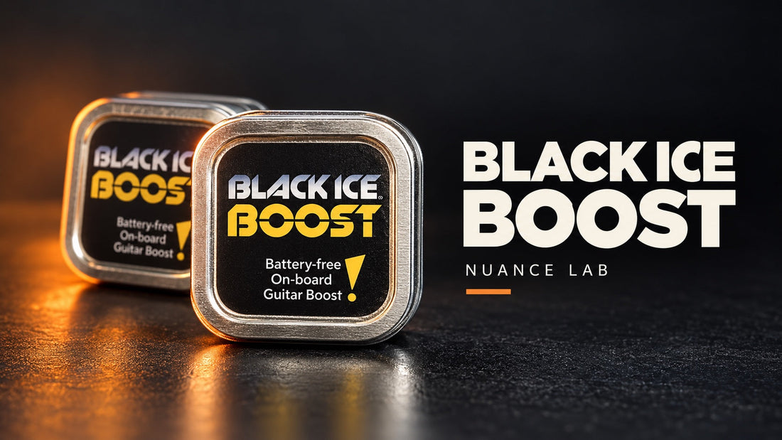 Poster-style Black Ice Boost artwork showing two silver Boost tins on a charcoal surface with orange lighting and Nuance Lab lettering.
