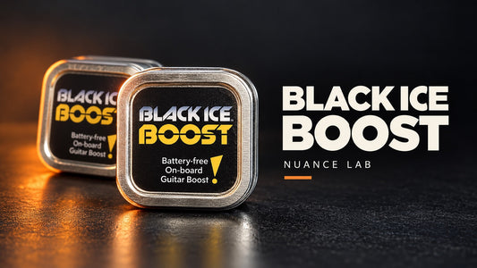 Poster-style Black Ice Boost artwork showing two silver Boost tins on a charcoal surface with orange lighting and Nuance Lab lettering.