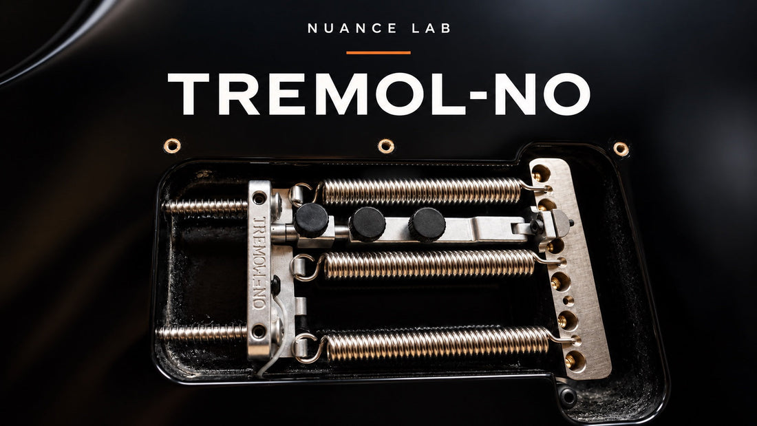 Tremol-No installed in a black guitar, with Nuance Lab branding and an orange accent.