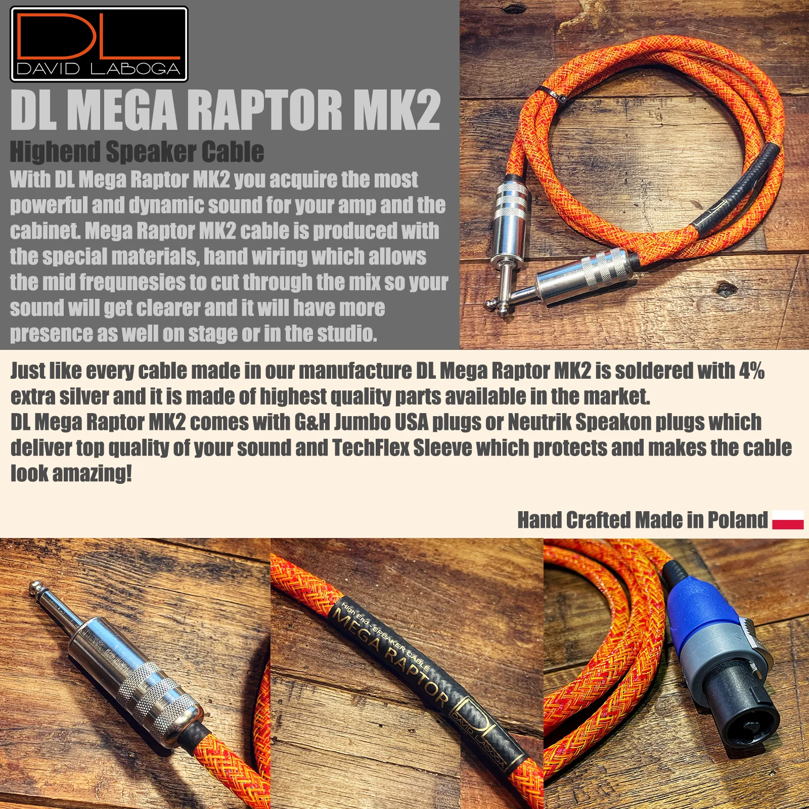 DAVID LABOGA - MEGA RAPTOR MK2 - 75CM - highend speaker cable - Straight Plug - M07511