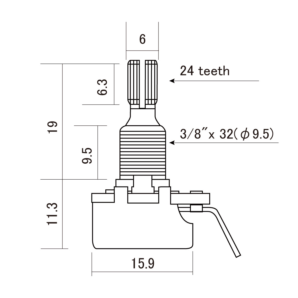 CTS -  Mini Audio Taper Pot - 250K - Dimension