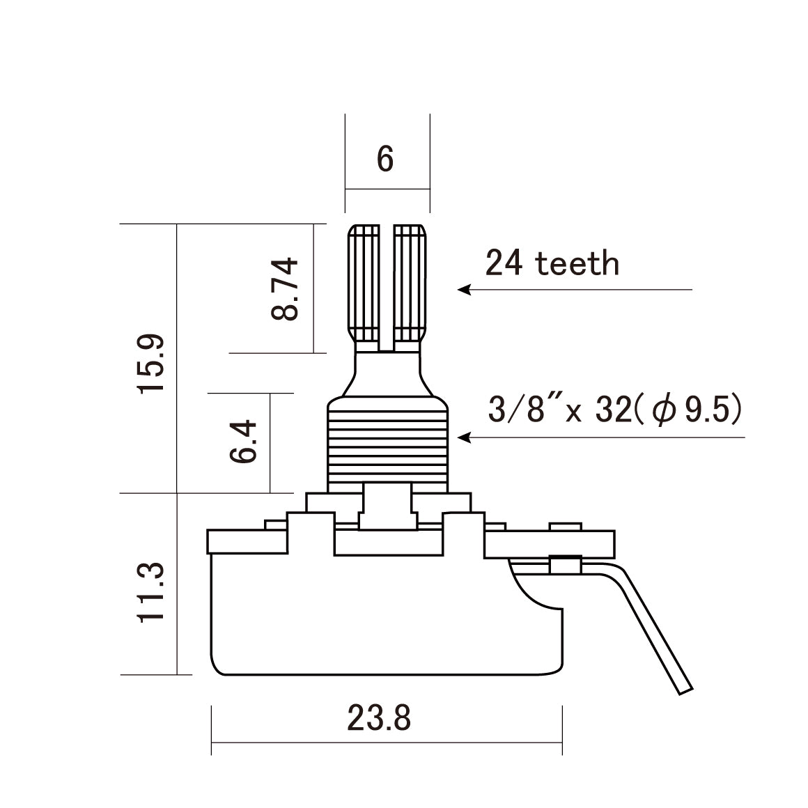 CTS -  Precision Audio Taper Pot - Short Split-Shaft - 500K - Dimension