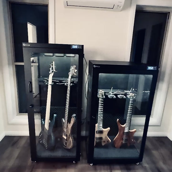 CDD 400 and CDD 450 Dry cabinet with Dingwall, Warrick and Strandberg guitars and basses