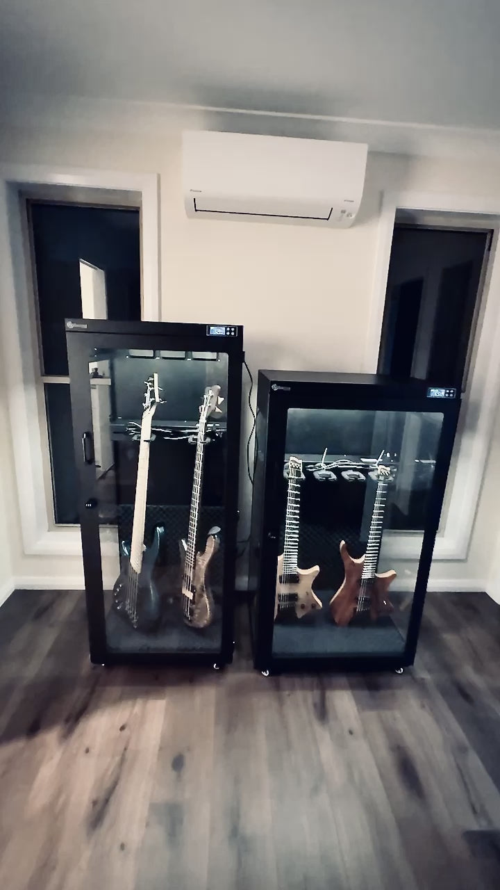 CDD 400 and CDD 450 Dry cabinet with Dingwall, Warrick and Strandberg guitars and basses