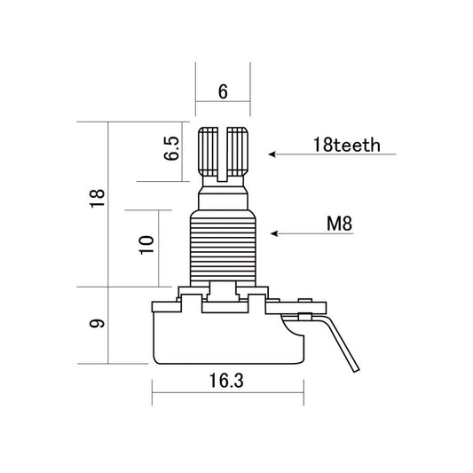 Alpha - Mini 500K Linear Taper Pot - 16mm - Split-Shaft - Dimension