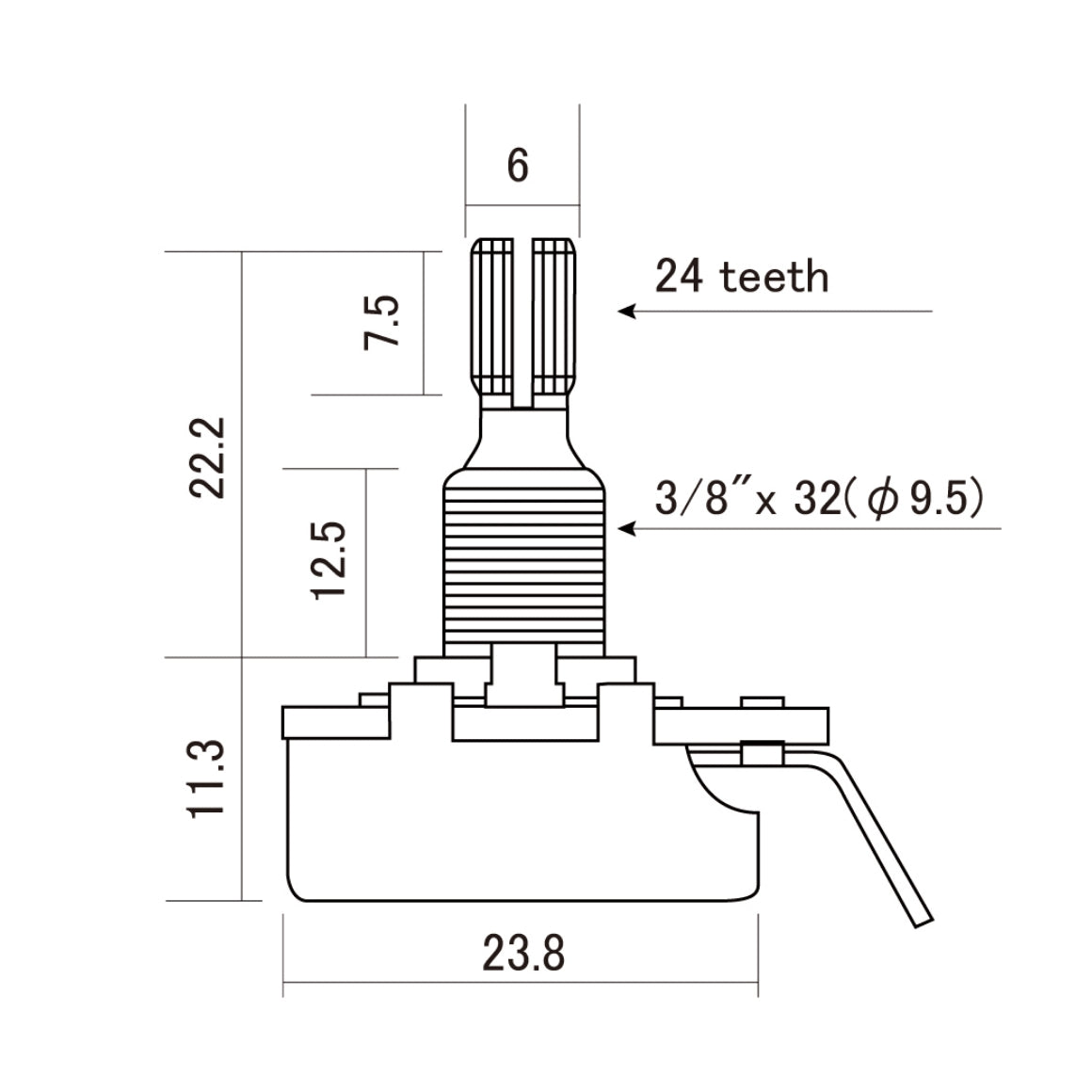 CTS - 250k Audio Taper Pot Standard Split Shaft - Dimension
