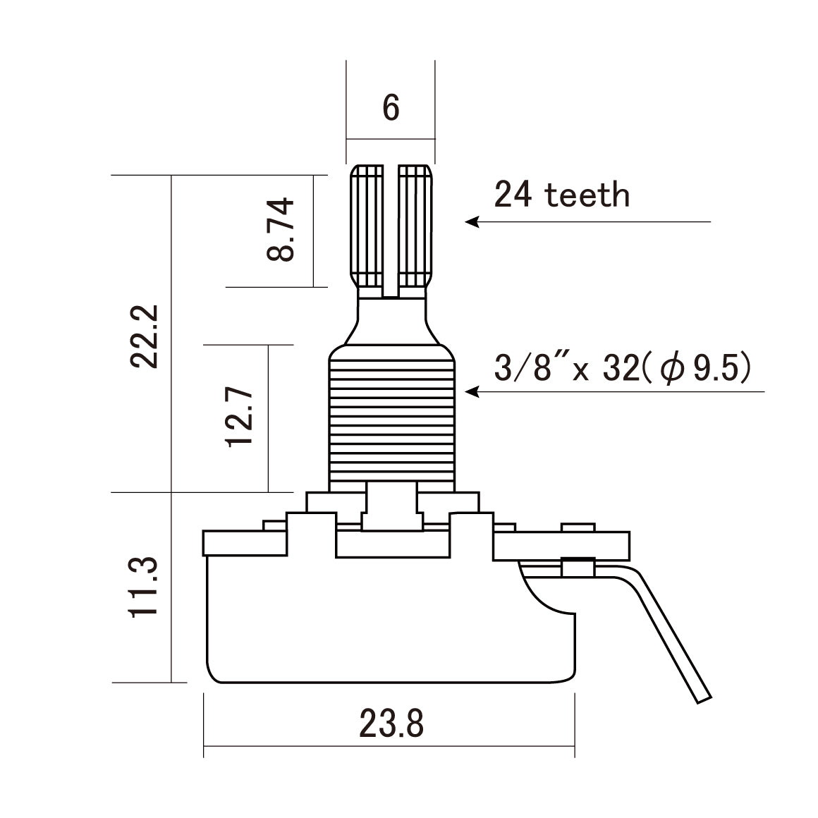 CTS -  Precision Audio Taper Pot - Standard Split-Shaft - 25K - Dimension
