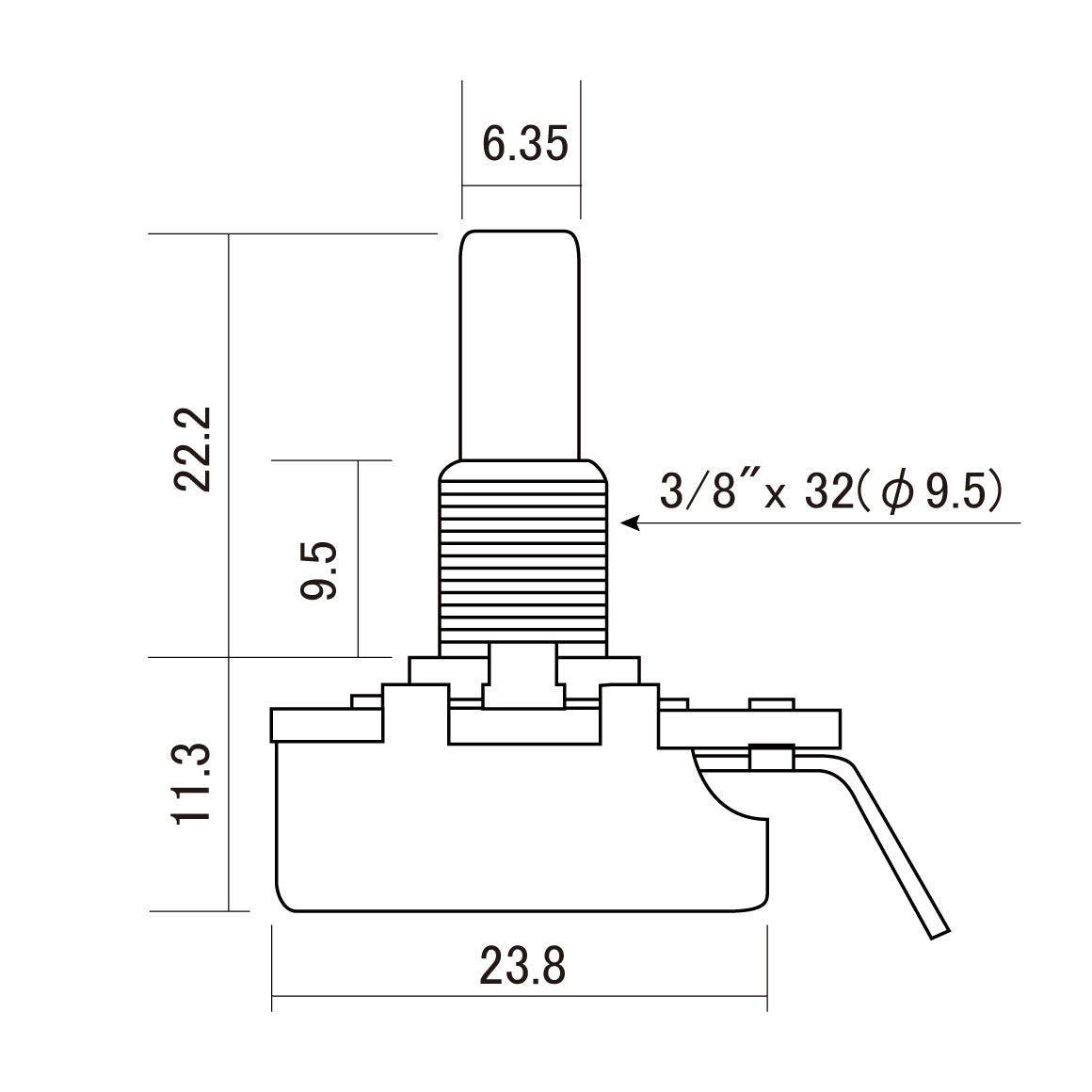 CTS -  Precision Audio Taper Pot - 9.5mm Solid-Shaft - 250K - Dimension